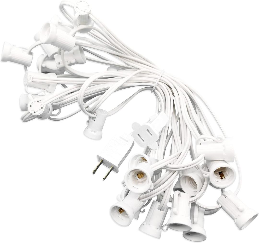 Christmas Light Stringer, C7 / E12 (Candelabra Base) Light Strand 12 Spacing, 25 Sockets 25ft SPT-1 18AWG White Wire, Fits C7 Incandescent or LED Bulbs