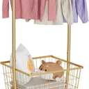 Rolling Laundry Cart with Wheels, Laundry Hamper Basket Organizer with Clothes Hanging Rack, Wire Storage Cloth Shelf Butler, Golden, 23 x 19 x 2.73 inches