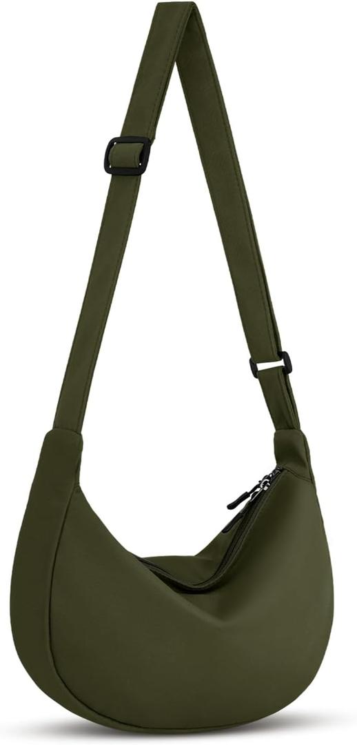 Crossbody Sling Bag for Women Men Trendy, Crescent Bag with Adjustable Strap, 2 Zippers Lightweight Nylon, Olive green