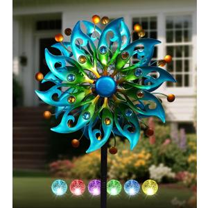 Solar Wind Spinners Outdoor H63xW13 Metal Kinetic Garden Spinner with Crackle Glass Ball & Built-in Solar Panel Peacock-Style Yard Wind Sculpture with LED Light