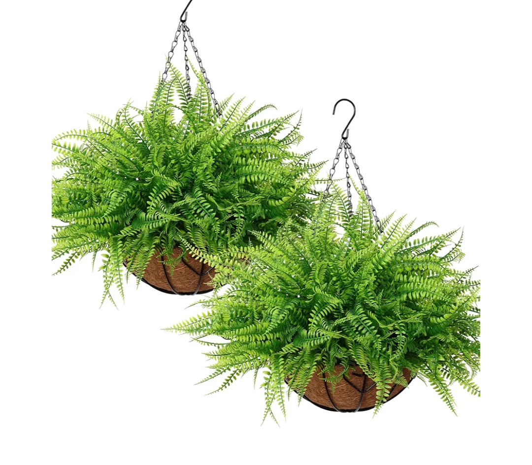 KHOYIME Artificial Hanging Plants with Basket 2PCS Fake Boston Fern Baskets, Outdoor Faux Greenery Stems Hanging Decor UV Resistant Indoor Outside Decorations for Home Garden Porch Balcony Patio Yard