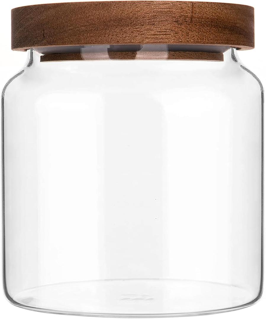 Glass Jar with Lid, 17.6 FL oz Airtight Glass Storage Jar Glass Food Storage Containers for Kitchen Counter, Pantry, Decorative Jar for Coffee, Sugar, Candy Cute (Wooden 17.6 FL OZ)