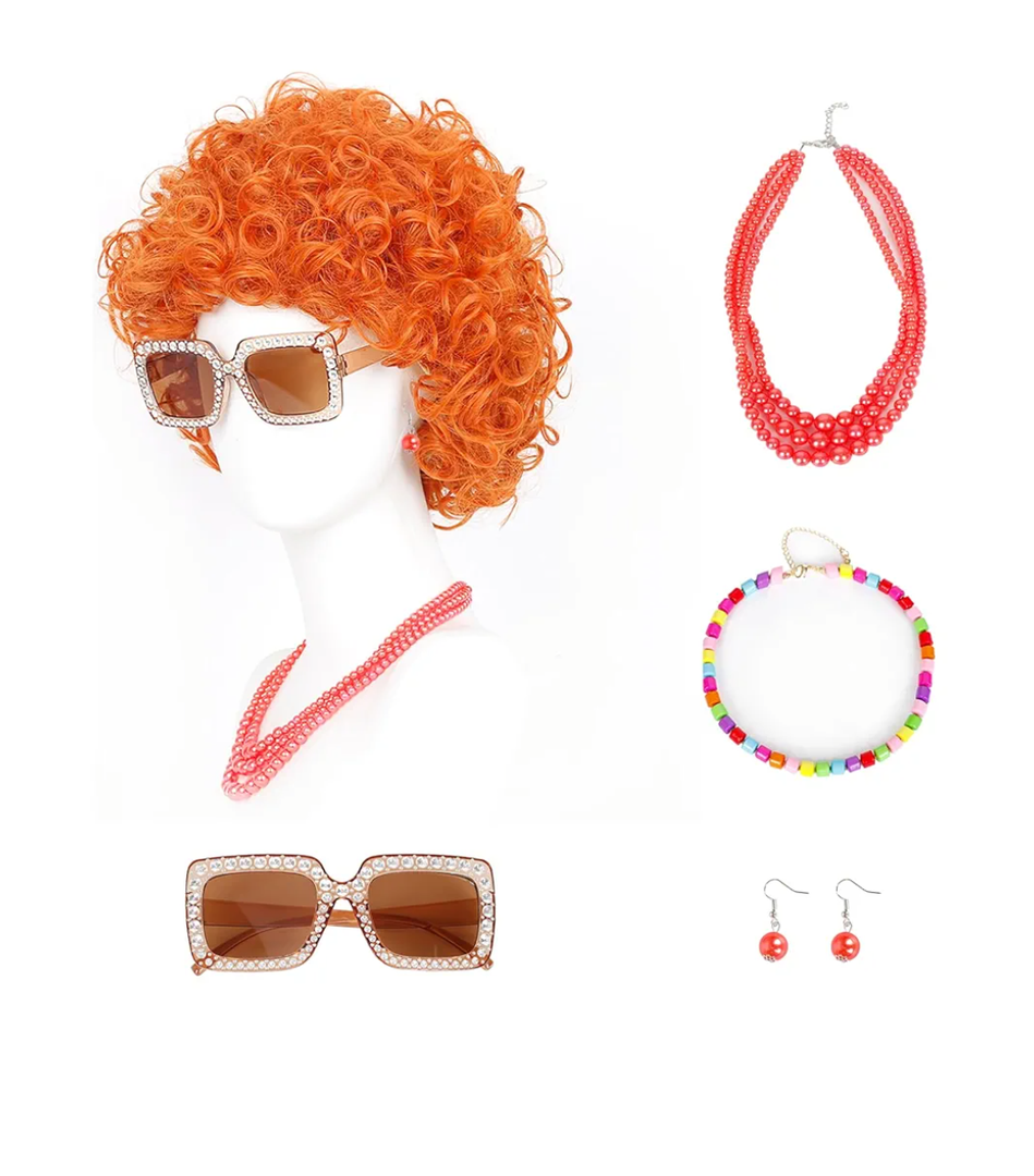 Short Curly Afro Orange Wig Set with Sunglasses Necklace Kit Women Halloween Costume Party Funny Wig