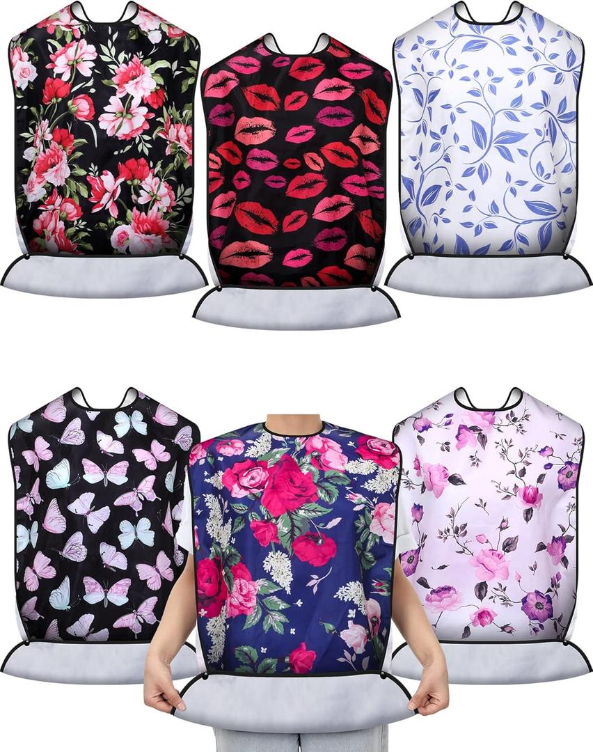 Eurzom 6 Pack Adult Bibs for Elderly Women Men, Reusable Adult Bibs for Eating with Optional Crumb Catcher Clothing Protector (Cute Pattern)