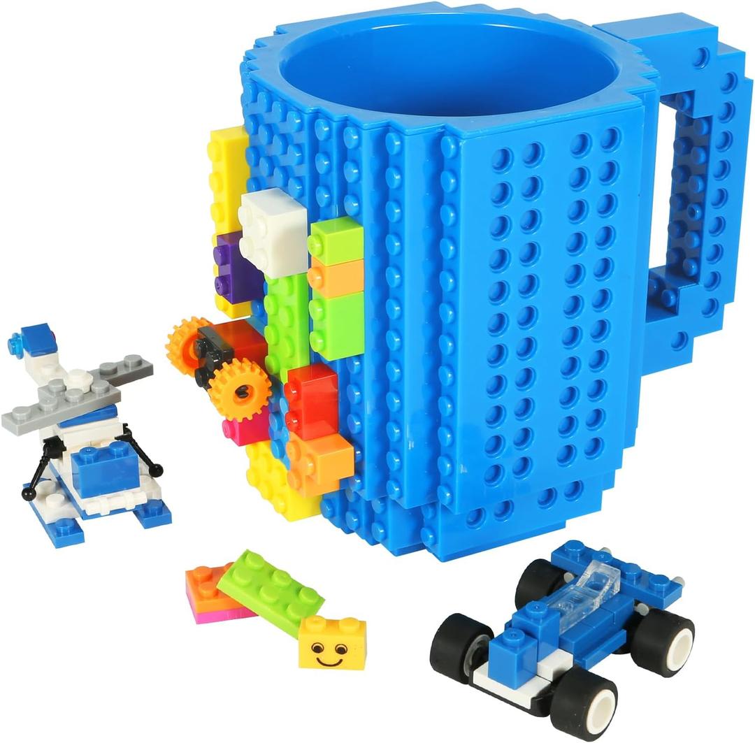 Build-on Brick Coffee Mug, Funny DIY Novelty Cup with Building Blocks Creative for Kids Men Women Xmas Birthday (Blue)
