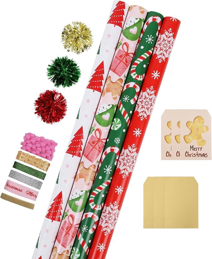 LaRibbons Christmas Wrapping Paper Sets, Snowflake & Candy Cane & Gingerbread Man Design with Ribbons & Gift Tags & Metallic Pom Pom for Christmas, Holiday，30Inch × 10Feet（ 4 Rolls: 100 Sq.Ft.Ttl）