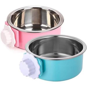 Stainless Steel Removable Pet Food Bowl, Anti-overturn Water Feeder Container, Suitable for Small Dog/Cat/Rabbit, 2 Set of Crate Bowls, Easy to Install and Clean (Pink/Blue)