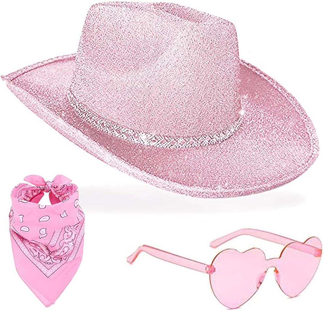 DAJOOEE Cowgirl Hat with Heart Sunglasses Glitter Cowboy Hat for Women & Girls Cosplay Bachelor Party Costume Hats (Pink)