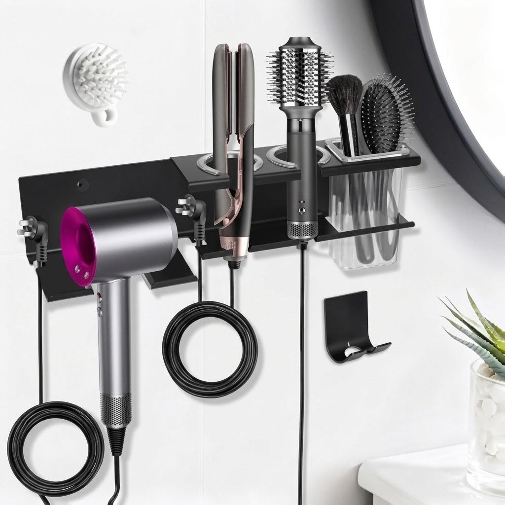 Hair Tool Organizer, 3-in-1 Universal Hair Dryer Holder Wall Mounted, Metal Hot Tools Organizer for Blow Dryer, Straightener and Curling Iron, Stylers Storage Rack for Bathroom (with Comb and Hook)
