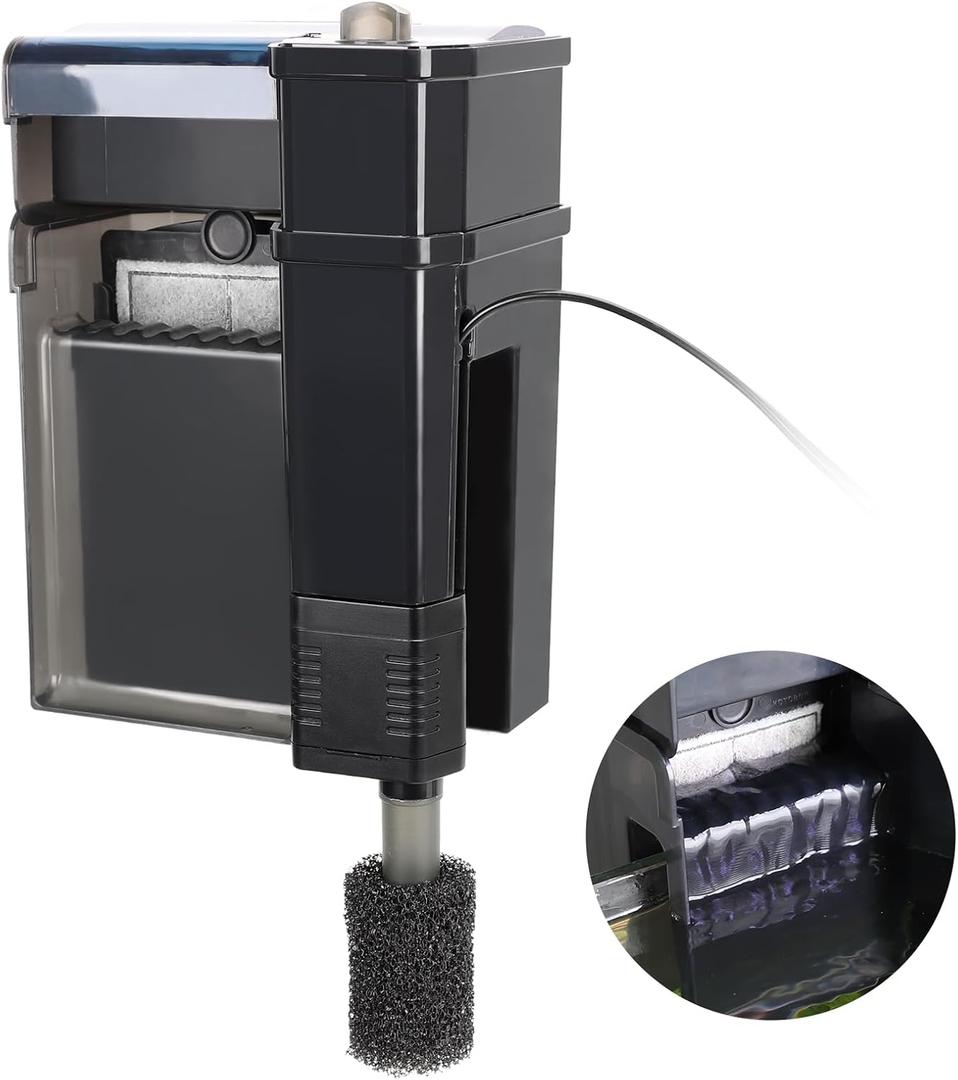 hygger Aquarium Filter, Ultra Quiet Aquarium Hang on Filter, Multi-Stage Filtration Activated Carbon Biochemical Fish Tank Filter for up to 21 Gallon Aquariums, Adjustable Flow, 79 GPH, 5W, Black
