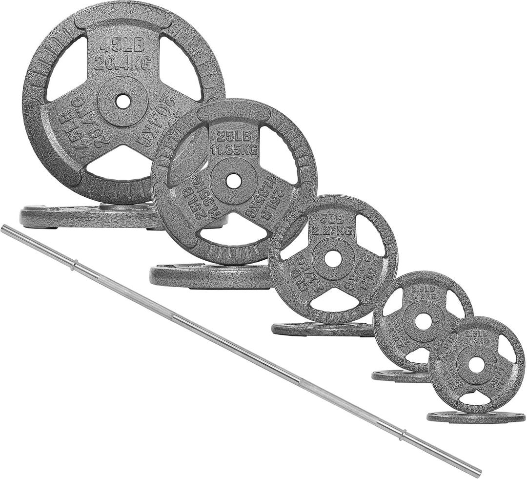 Fitvids 1 Inch Standard Barbell Weight Plates and Bar Set, 6 FT Barbell Bar and 160 LB Barbell Weight Set for Home Gym Strength Training, Triple-handle Design