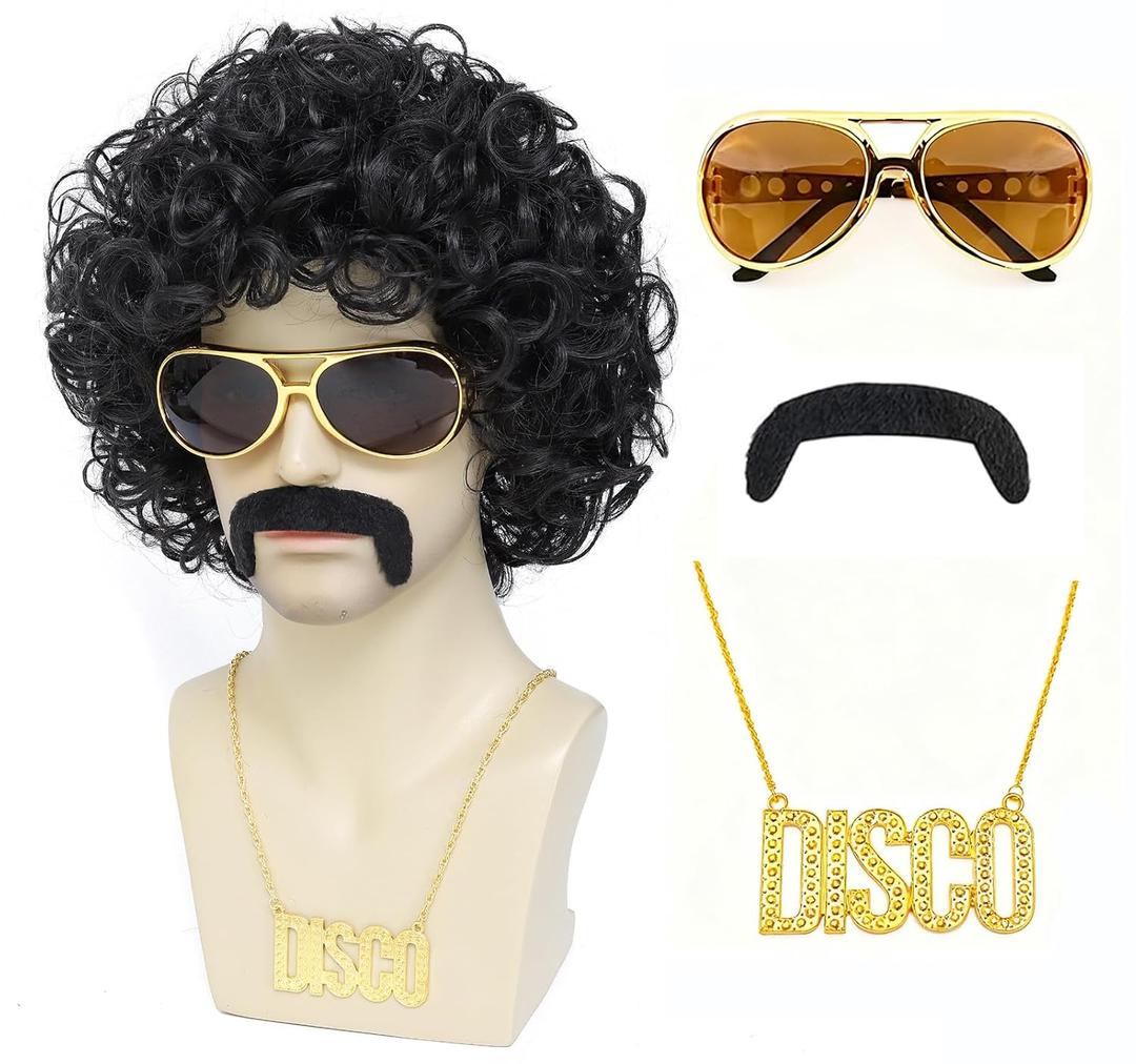 70s Disco Afro Curly Wig for Men - Short Fluffy Black Synthetic Wig for Halloween, 70s Party, Cosplay, Retro Costume (Black)
