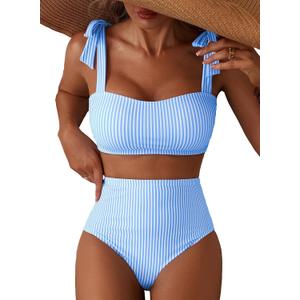 Herseas Women's Tie Shoulder Bikini Sets 2 Piece Striped Swimsuits High Waisted Bathing Suits (Blue, M)