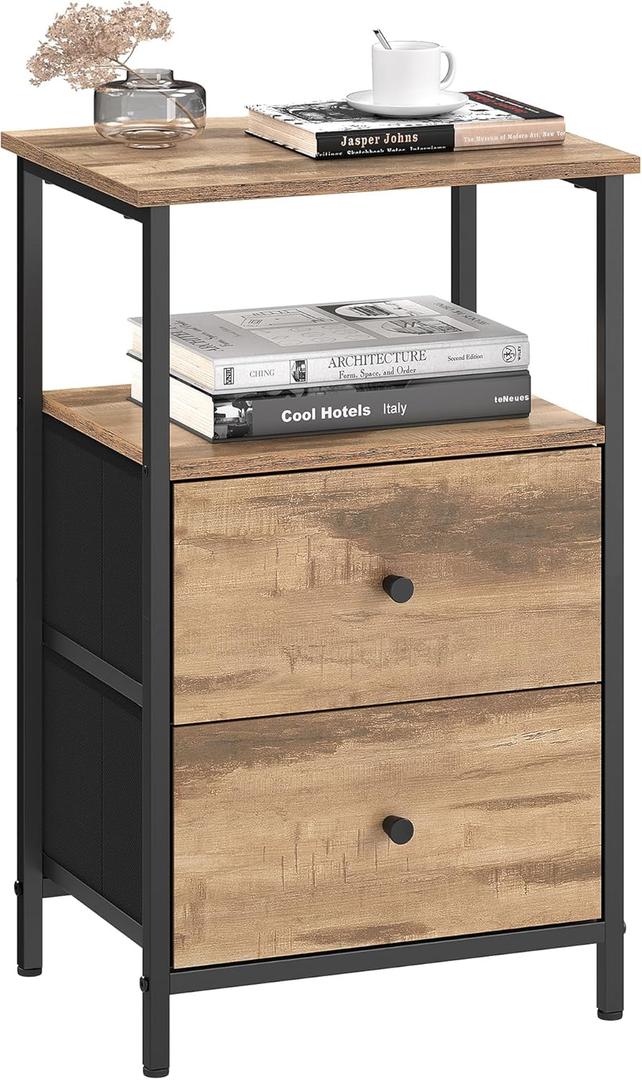 VASAGLE Nightstand, Side Table with 2 Fabric Drawers, 24-Inch Tall End Table with Storage Shelf, Bedroom, Camel Brown and Black ULGS025K50