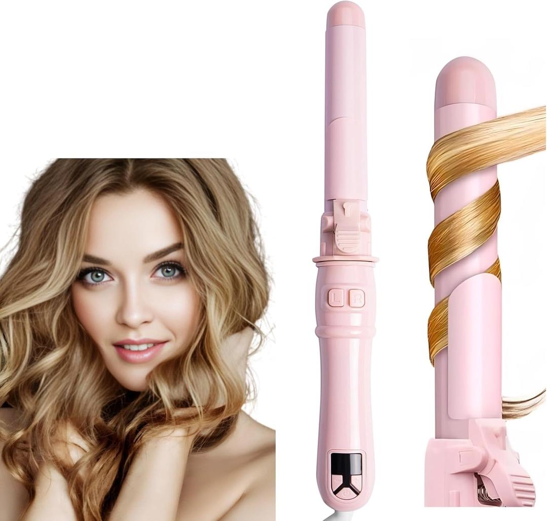 Automatic Curling Wand 28mm/1.1 inch Rotating Curling Iron with LED Display Fast Heating Wand for Short Long Hair Professional Hair Waver Styling Irons (Pink)