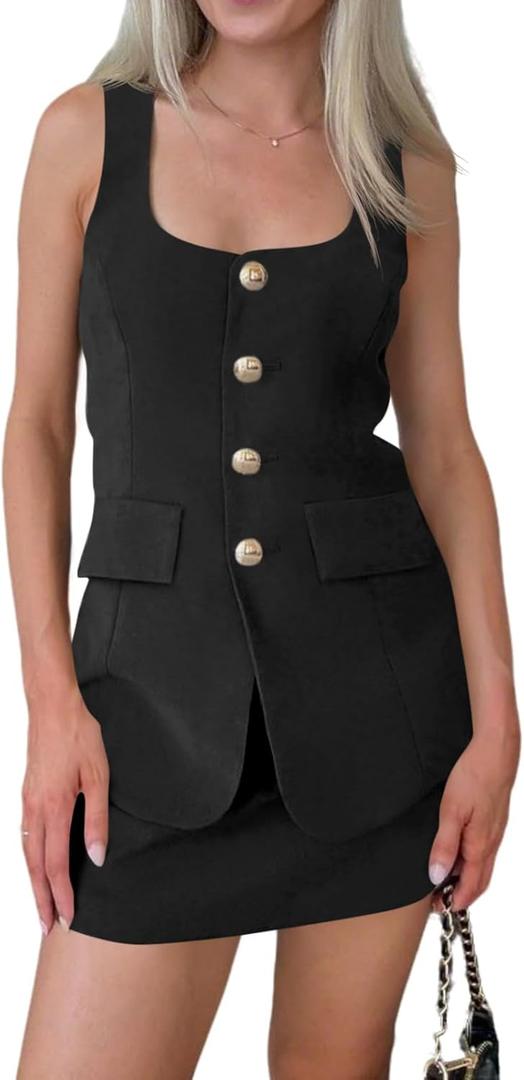 Cicy Bell Womens Summer 2 Piece Outfits Sleeveless Scoop Neck Fitted Blazer Vest Matching Set Mini Skirt Short Suit Work Sets (Black, XXL)