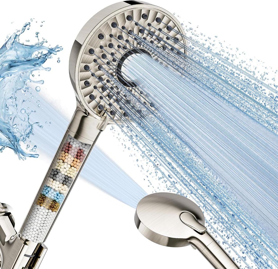 Magichome Filtered Shower Head with Handheld, High Pressure 10-Spd Detachable Chrome Showerhead with Stainless Hose, Water Softener Filter Beads for Hard Water - Remove Chlorine, Brushed Nickel-Silver