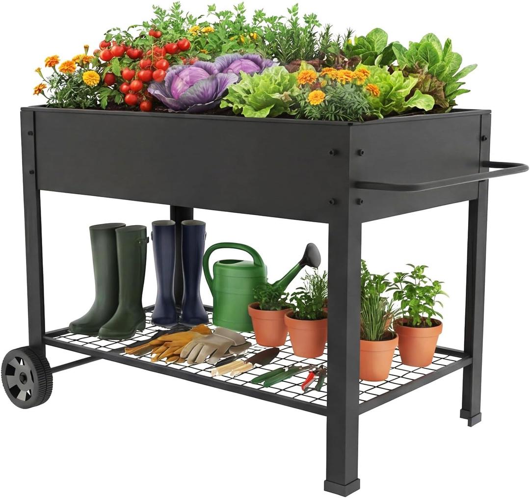 aboxoo 49" L*25" W*31" H Planter Raised Beds with Legs,Outdoor Metal Planter Box on Wheels,Elevated Garden Bed for Vegetables Flower Herb Patio