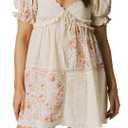 Women Floral Patchwork Babydoll Dresses Puff Sleeve V Neck A Line Cute Mini Dress Flowy Y2k Sundress for Teens,L