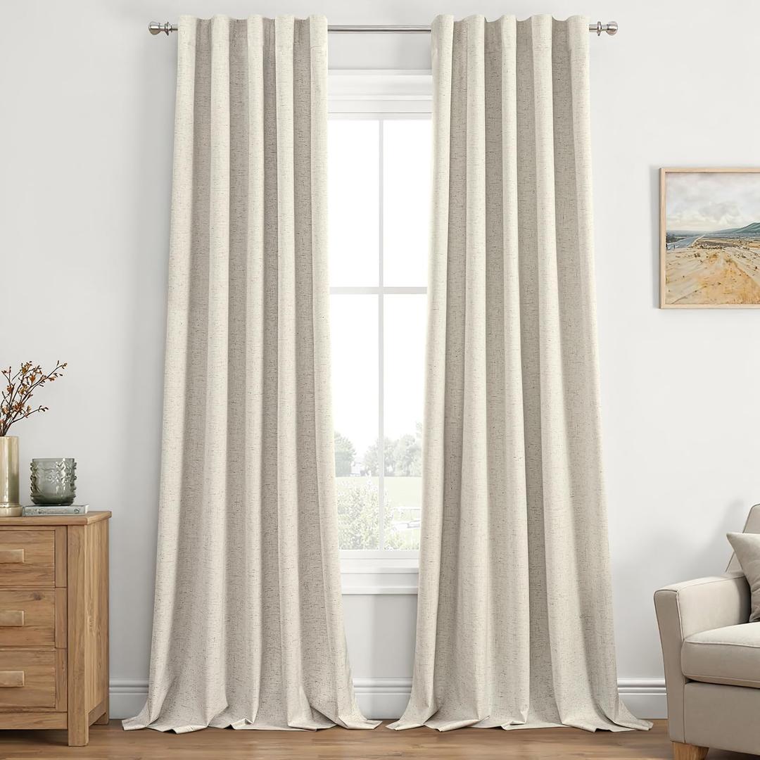 EMEMA Cream Beige Linen Blackout Curtains 84 inch Long 2 Panels Set for Bedroom Back Tab Thermal Insulated 100% Black Out Drapes Pinch Pleated Hooks Room Darkening Window Curtain for Living Room
