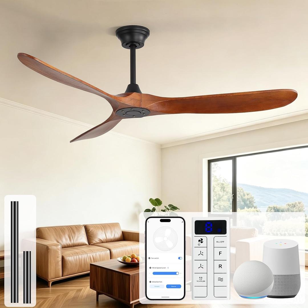Sofucor 60 Inch Smart Wood Ceiling Fan No Light, Alexa/App/Remote Control, 60 Inch MAX
