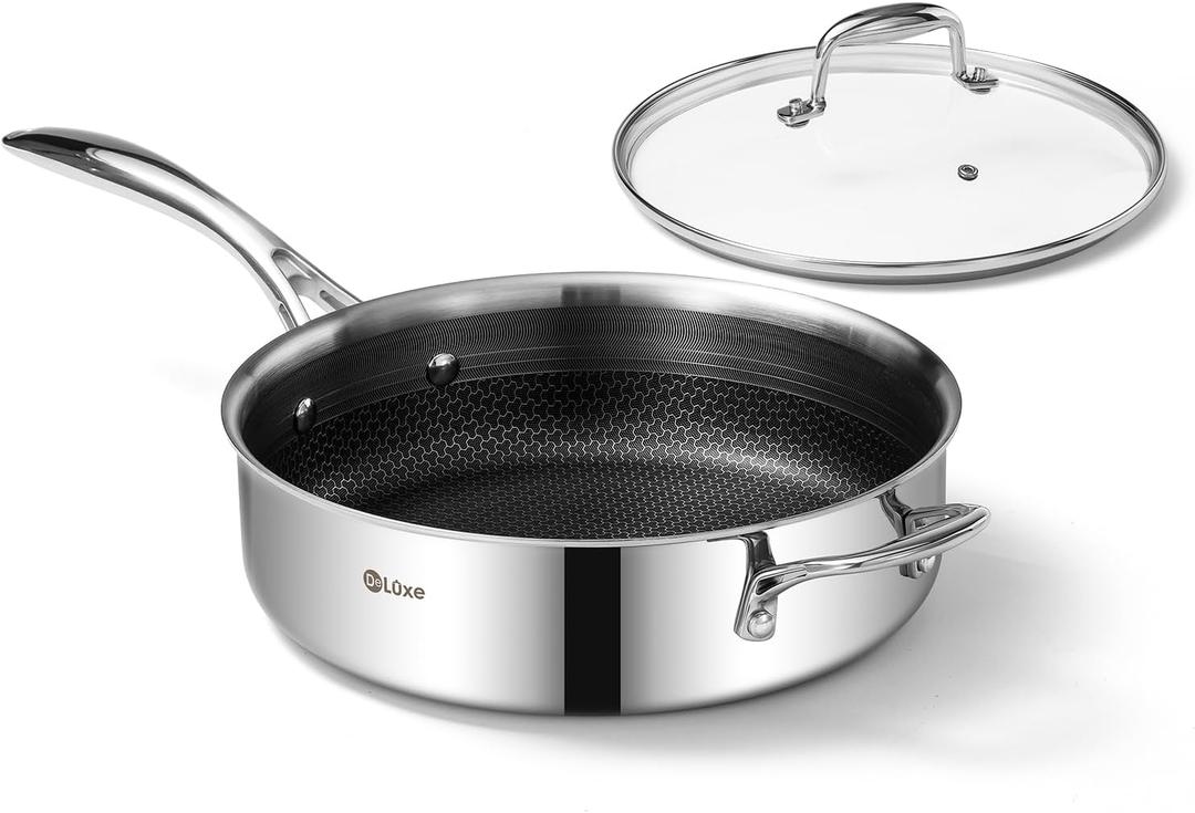 DELUXE Hybrid Nonstick 3.7 Qt Deep Saut Pan with Lid, Stainless Steel Skillet with Stay-Cool Handles, Dishwasher and Oven-Safe, Deep Frying Pan, Compatible with All Cooktops