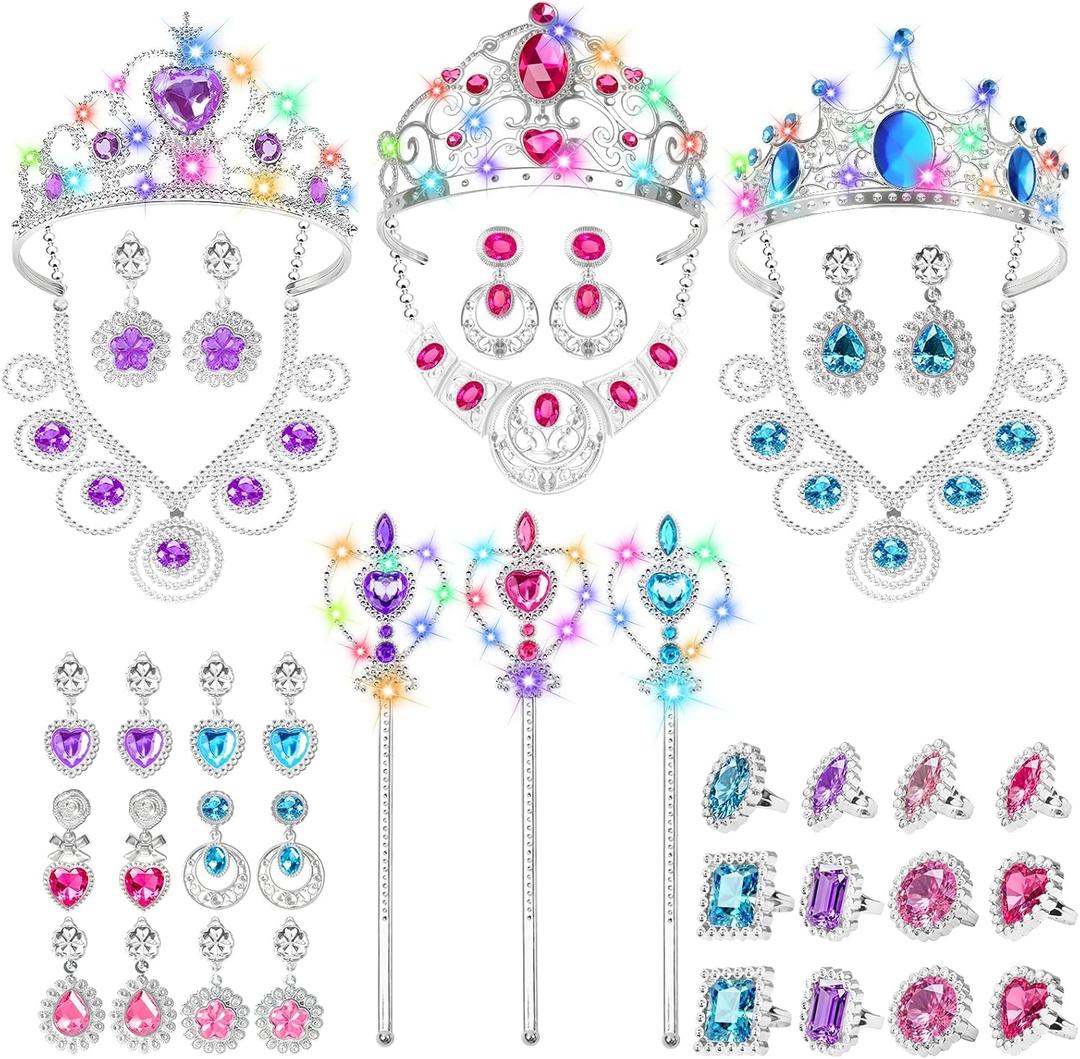 DUDUCOFU Princess Kids Jewelry for Girls Light Up Princess Crowns Wands, 40 Pcs Dress Up Accessories with Necklaces Rings Clip on Earrings for Girls Costumes Jewelry Toys Gift