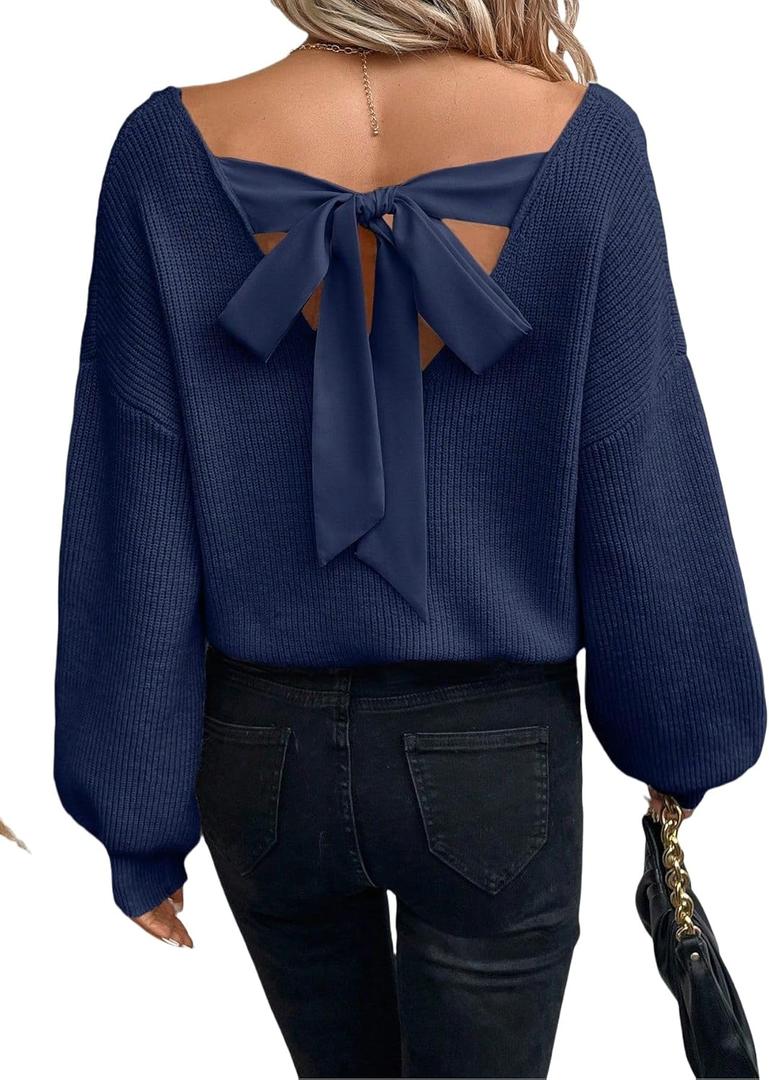 V Neck Sweaters Woman,Off The Shoulder Sweater Top,Fitted Long Sleeve Shirt Women,Tie Back Sweater,Knit Sweater (Medium)