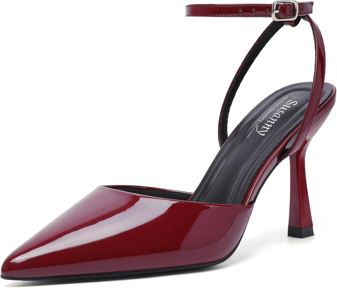 Susanny Heels for Women Stiletto Closed Pointed Toe Backless Dress Shoes High Heels Sexy Kitten Pumps Wedding Guest Party Dance Prom Dressy Comfort Shoes (6.5, Burgundy Patent)