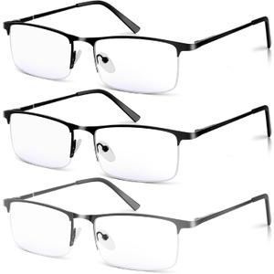 3 Pack Blue Light Blocking Reading Glasses for Men, Stylish Half Frame Metal Computer Readers, Lightweight Spring Hinge Eyeglasses Anti Eyestrain/Glare/UV (2PCS Black+1PCS Gray,+1.25)