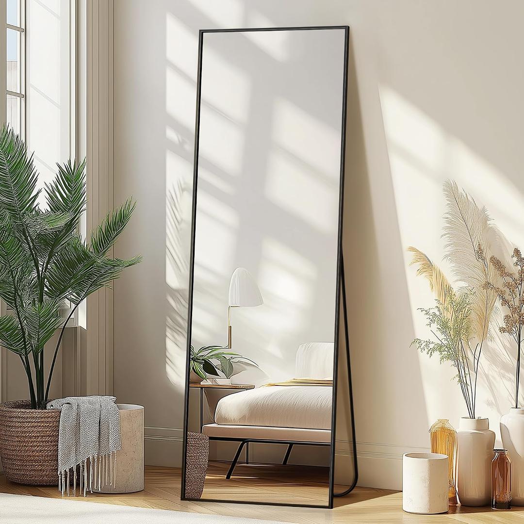 Delma Wall Full Length Mirror, Standing Mirror Full Body,Large Floor for Wall Door Bedroom Bathroom Living Room with Aluminum Frame(with Stand, 56x15-Black)