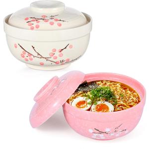 2 Pack Ceramic Ramen Noodle Bowl, 27 OZ Big Ramen Bowl with Lid, Japanese Hand-Painted Ceramic Tableware, Durable Floral Soup Bowl for Noodles, Porridge, Rice, Dishwasher Safe(Pink, Beige)