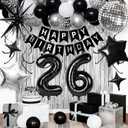 26th Birthday Decorations for Men Women, Black Silver Happy Birthday Party Decorations 26 Year Old Party Supplies with Number 26 Balloons, Banner, Fringe Curtains Kit