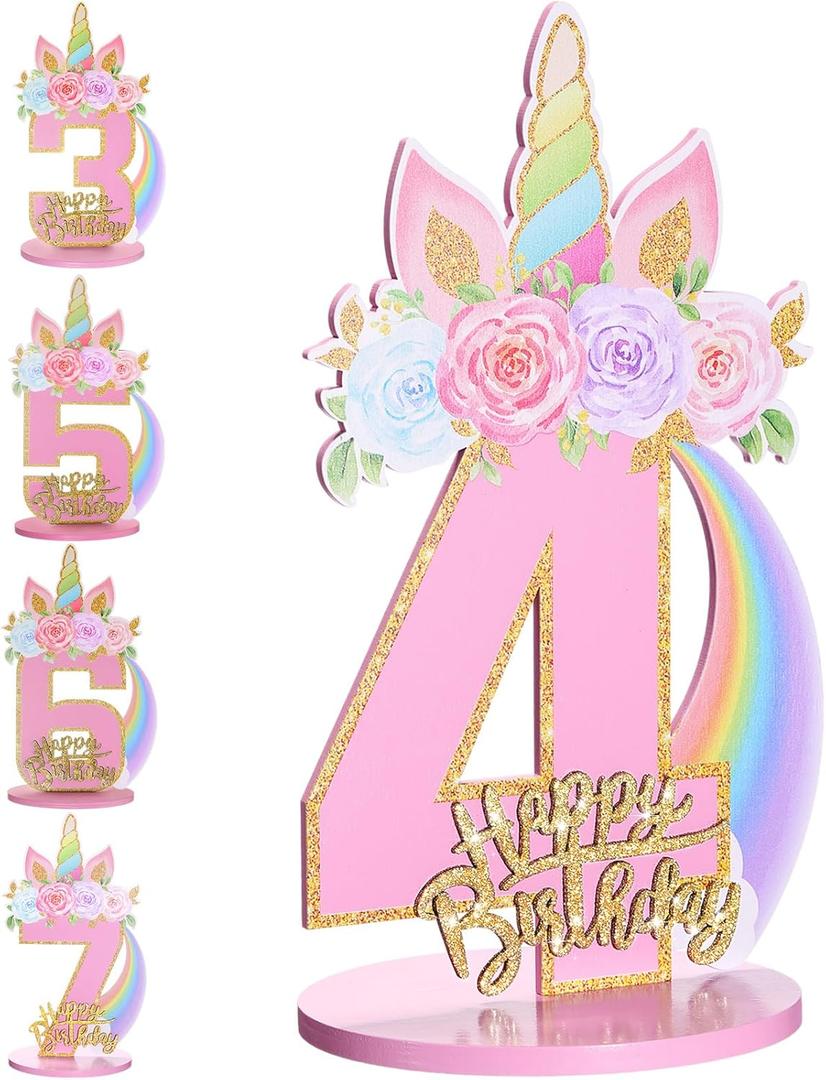 Unicorn 1/2/3/4/5/6/7/8/9th Birthday Number Sign Centerpiece for Girls 11.8 Inch Wooden Table Decoration Unicorn Party Supplies for Kids Anniversary Birthday(Number 4)