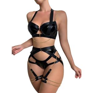 Lilosy Sexy Strappy Underwire Push Up Garter Belt Lingerie Set Harness Cutout Outfits Matching Bra Panty 3 Piece (Medium)
