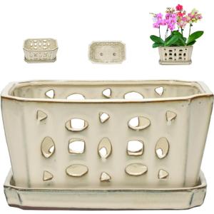 W&W Orchid Pot with Holes and Saucer for Repotting and Better Grow, Cream White, 9.7 Inches