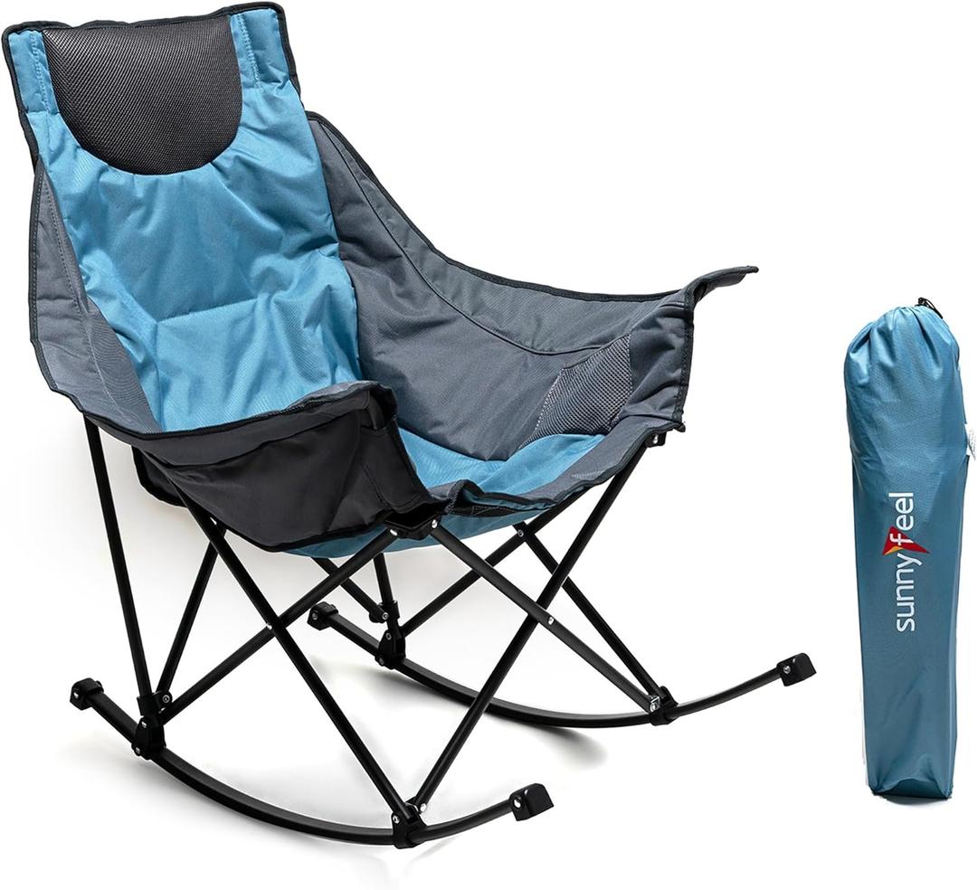 SUNNYFEEL Rocking Camping Chair, Luxury Padded Recliner, Oversized Folding Lawn Chair with Pocket, Heavy Duty for Outdoor/Picnic/Lounge/Patio, Portable Camp Rocker Chairs with Carry Bag (1 PC, Blue Grey)