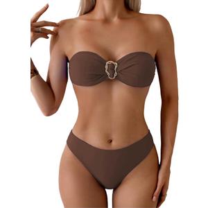 Tainehs Women's Strapless Bikini Sets Tube Top Bandeau Swimsuit Tie Back Mid Rise Two Piece Bathing Suits (Large, Deep Coffee)