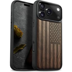 Carveit Magnetic Wooden Case for iPhone 17 Pro Case, Wood Artisan Engraved & Black Soft TPU Shockproof Cover, Compatible with MagSafe Wireless Chargers (The Classic American Flag) Walnut