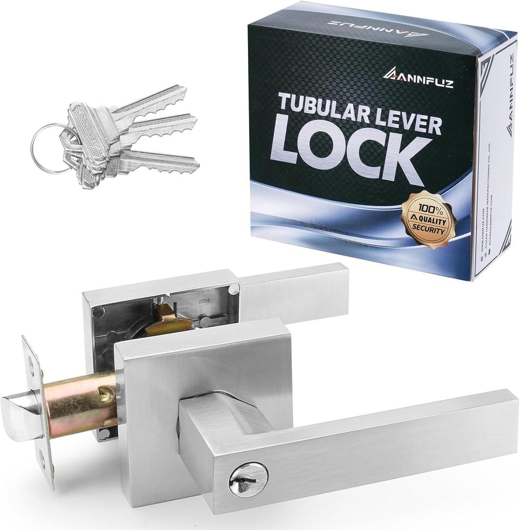 Entry Door Handle Lock with Keys, Interior Front Door Lever Set with Turn-Thumb Locking, Not Keyed Alike Reversible Door Knob for Right Left Side, for Entrance, Bedrooms, Bathroom, Brushed Nickel