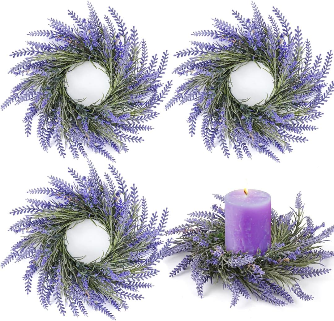 4 PCS Spring Wreath for Front Door Lavender Candle Ring Wreaths Mini Purple Table Centerpieces 9 Inch Floral Wreaths for Pillars Cabinets Farmhouse Spring Summer Wedding Party Home Decor