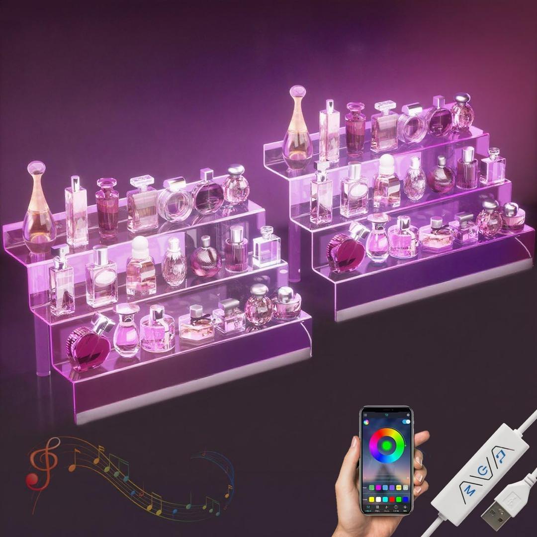 16 Acrylic Display Organizer with LED Light - 3 Tier Perfume Stand and Display Step Shelves Holder, Cologne Organizer for Men, Figures Stand, Porta Perfumes Para Tocador, Clear Riser, 2 Pack Stands
