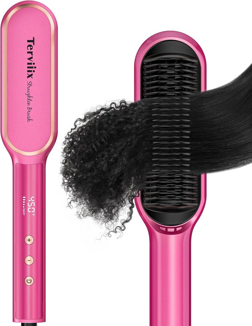 Terviiix Hair Straightening Brush Magenta - Rapid Heat Hair Straightener Brush 450F in 20S, Ionic Technology, 13 Settings, Dual Voltage, Anti-Scald, for Frizz Control & Daily Styling