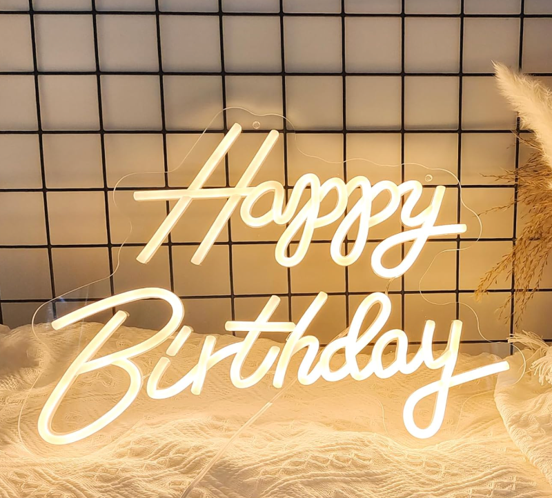 Happy Birthday Neon Sign for Backdrop, LED Happy Birthday Light Up Sign, USB Powered Dimmable Neon Light for Birthday Party Decorations, Wall Decor, Warm White, 16.5 x 12 inch