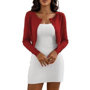 Women's Cropped Cardigan Sweaters Crew Neck Button Down Open Front Knit Bolero Shrugs (Red, M)