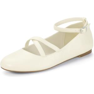 Mofri ShowHow Womens Mary Jane Flats Round Toe Mary Jane Shoes Ankle Strap Ballet Flats Shoes Wedding Casual Office Dress Shoes (7, White Pu)