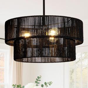 Black Boho Rattan Chandelier 18'' Hand Woven Chandelier Light Fixture 3-Light Farmhouse Drum Pendant Light for Dining Room Bedroom Kitchen Hallway Foyer, 18" 2-Layer