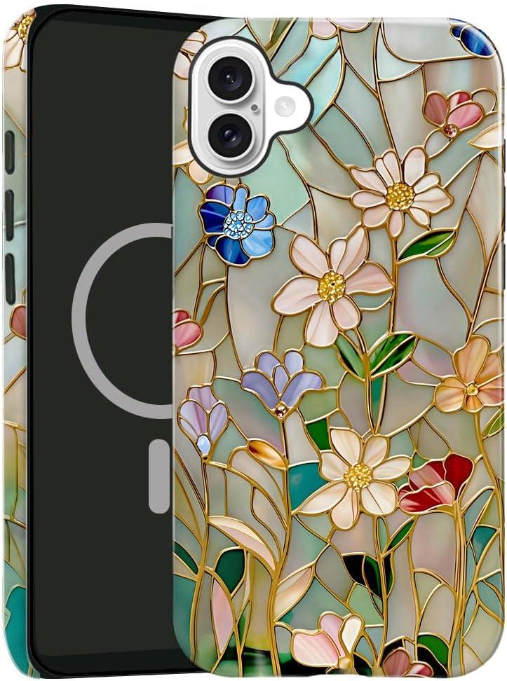 Case Compatible with iPhone 16,Compatible with MagSafe,Glossy Fall Prevention Hybrid 2-Layer Hard Shell Cases for Girls Boys,Stained Glass Bloom Flower
