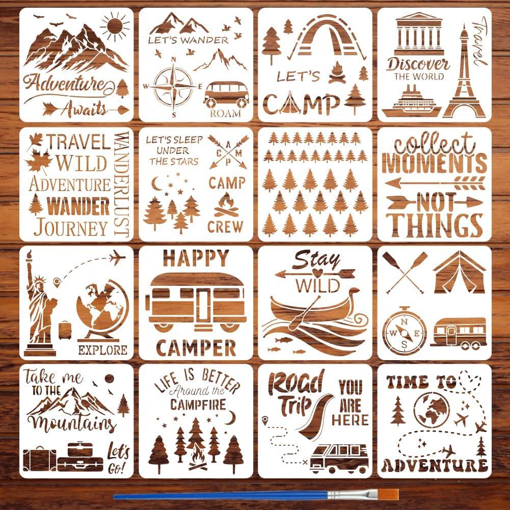 FINGERINSPIRE 16PCS Travel Theme Stencils for Painting 11.8x11.8inch | With Brush, Mountains Trees Compass Template Tent Campfire Airplane Suitcase Stencil Maple Leaf Moon Star Boat Fish Template