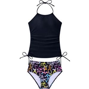 Girls Halterneck Drawstring Tankini Padded Swimsuit 2 Piece 9-16Y